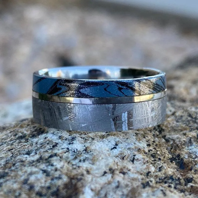 8mm Gibeon Meteorite Wedding Ring w/ Cobaltium Mokume and 14k White Gold - Authentic Genuine Meteorite Bands