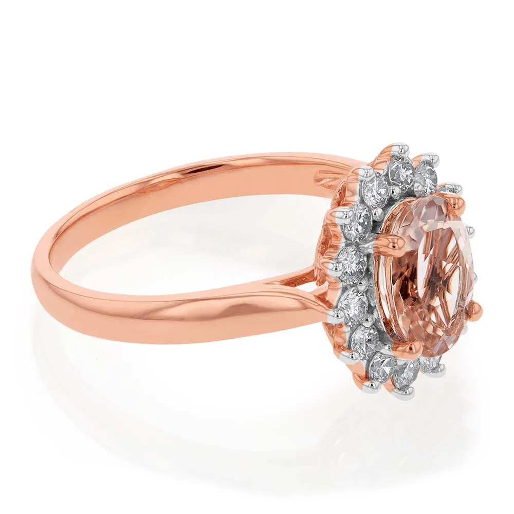 9ct Rose Gold 1.50ct Morganite and 0.50ct Diamond Halo Ring