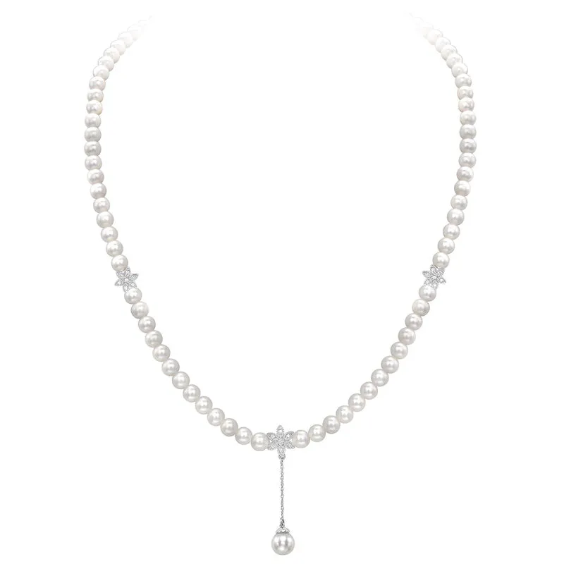 9ct White Gold Freshwater Pearl And 0.07ct Diamond Flower Drop Necklace