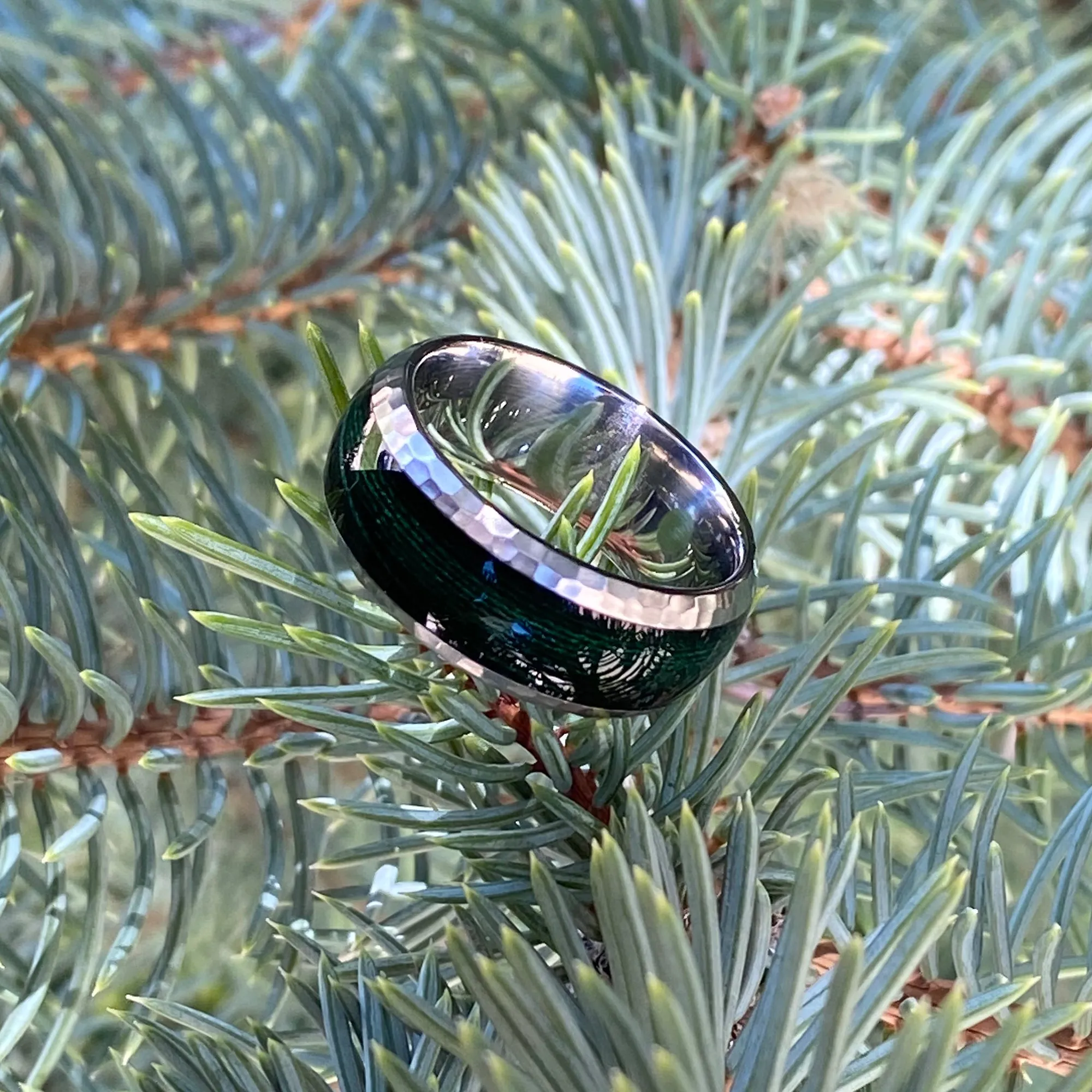 9mm Men's Titanium Ring - Green Fishing Line Inlay - Hammered Finish - Comfort Fit - Mens Wedding Band - Fishing Ring - Titanium Wedding Band