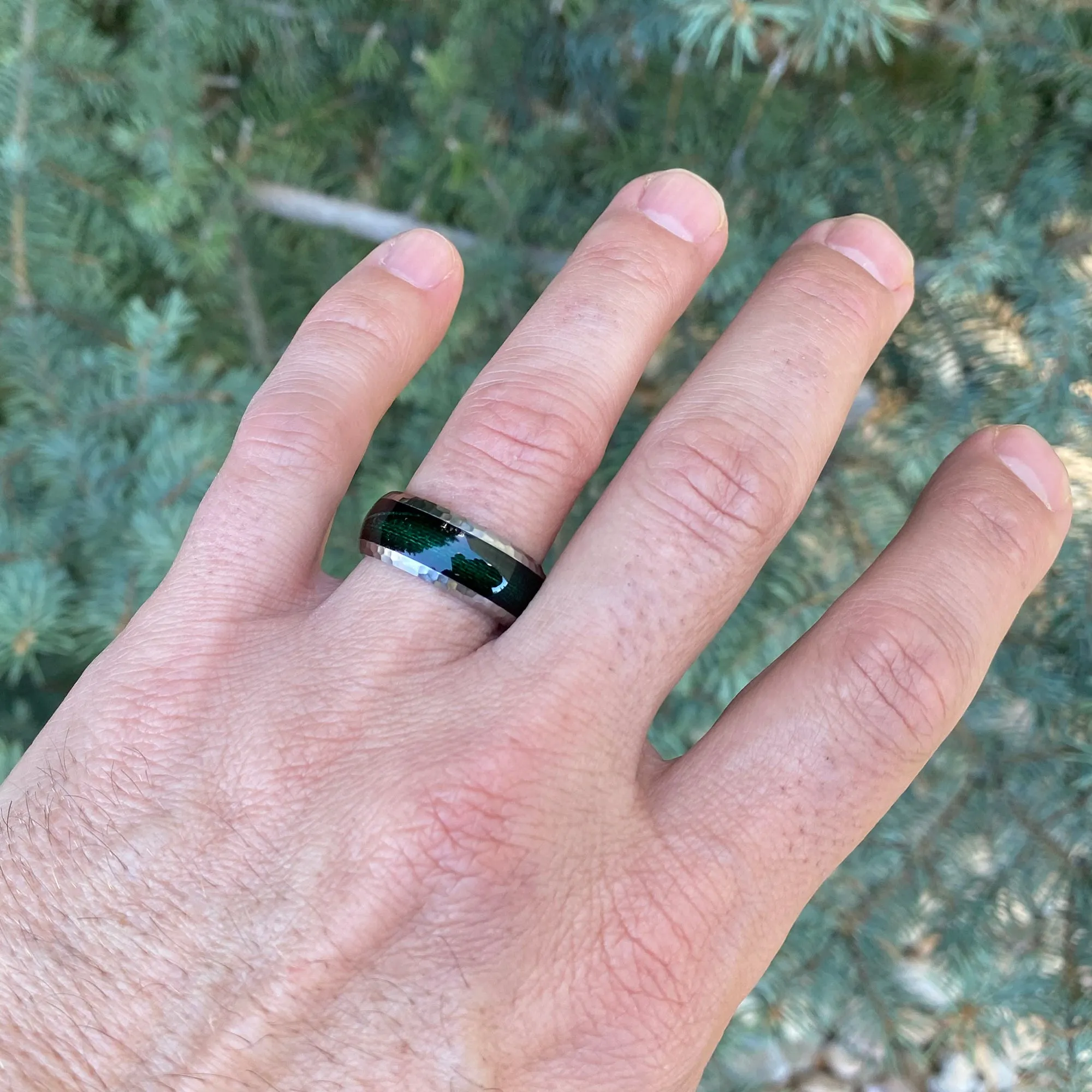 9mm Men's Titanium Ring - Green Fishing Line Inlay - Hammered Finish - Comfort Fit - Mens Wedding Band - Fishing Ring - Titanium Wedding Band