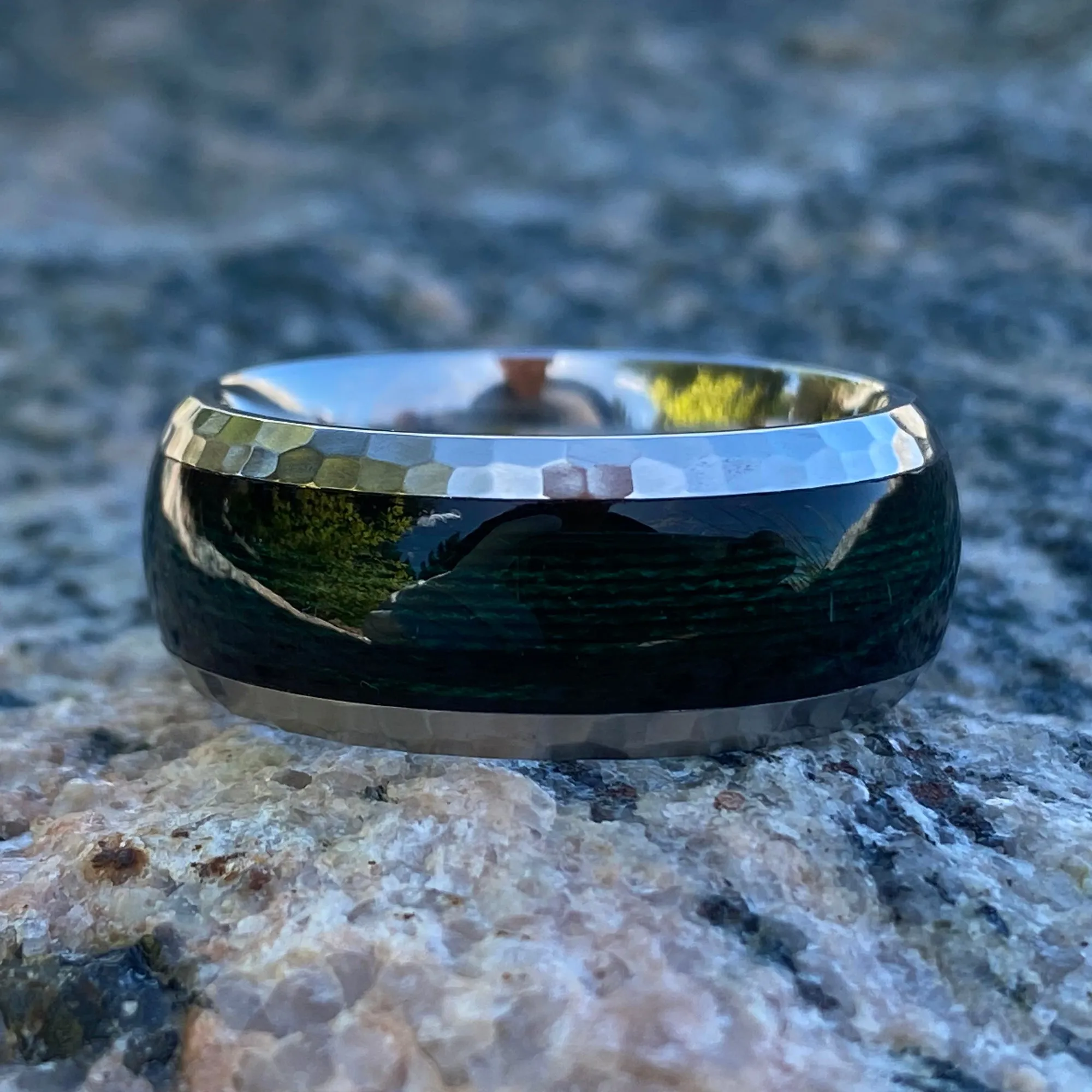 9mm Men's Titanium Ring - Green Fishing Line Inlay - Hammered Finish - Comfort Fit - Mens Wedding Band - Fishing Ring - Titanium Wedding Band