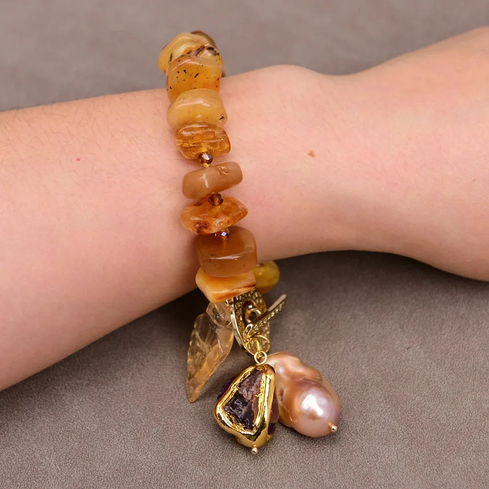 Amber & Pink Keshi Pearl Charm Bracelet