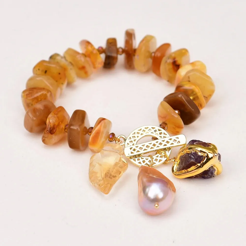 Amber & Pink Keshi Pearl Charm Bracelet