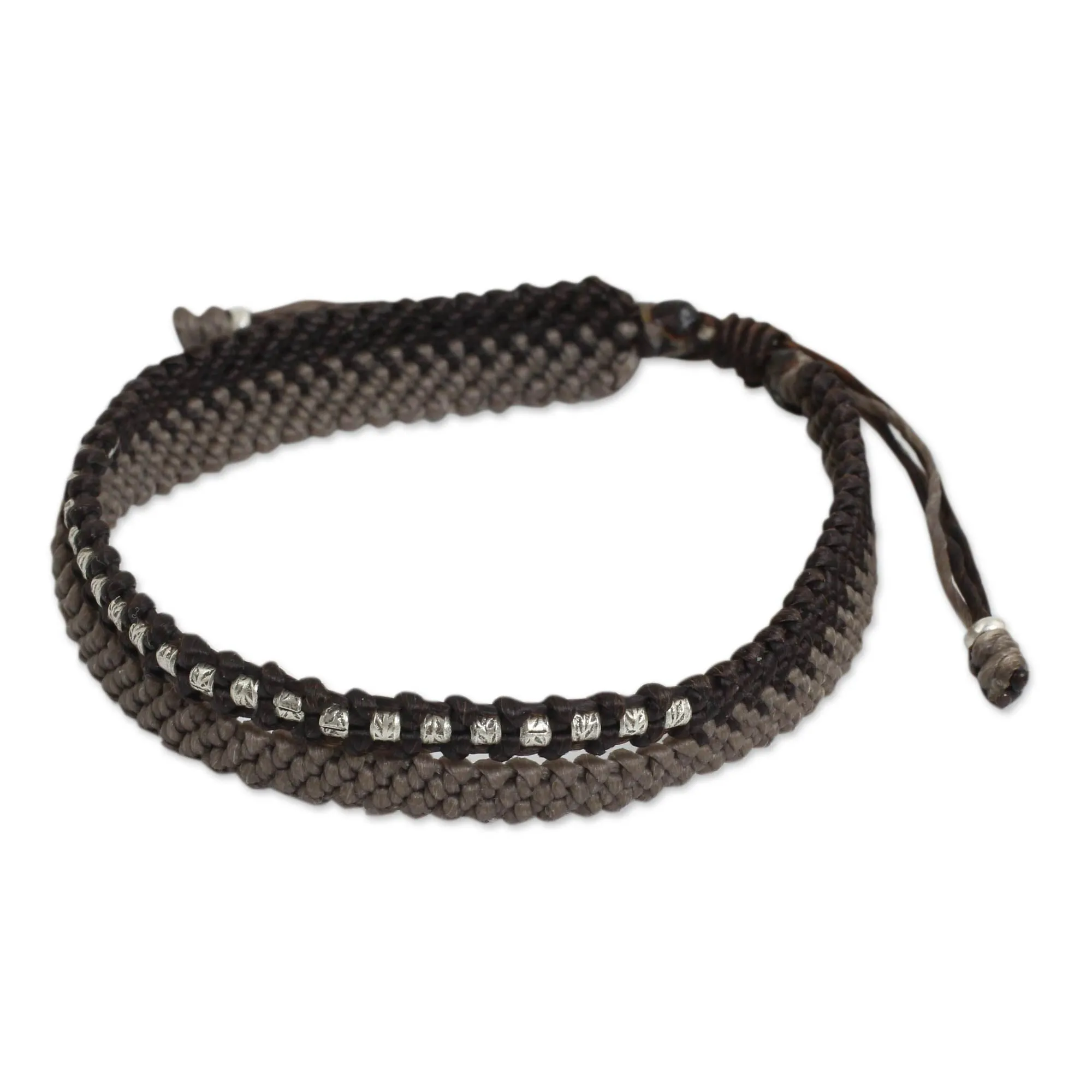 Amity in Brown and Taupe Hand-Knotted Cord Bracelet with 950 Silver Accents