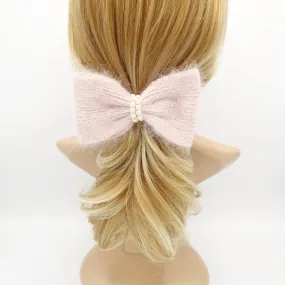 angora hair bow pearl embellished Fall Winter women hair barrette