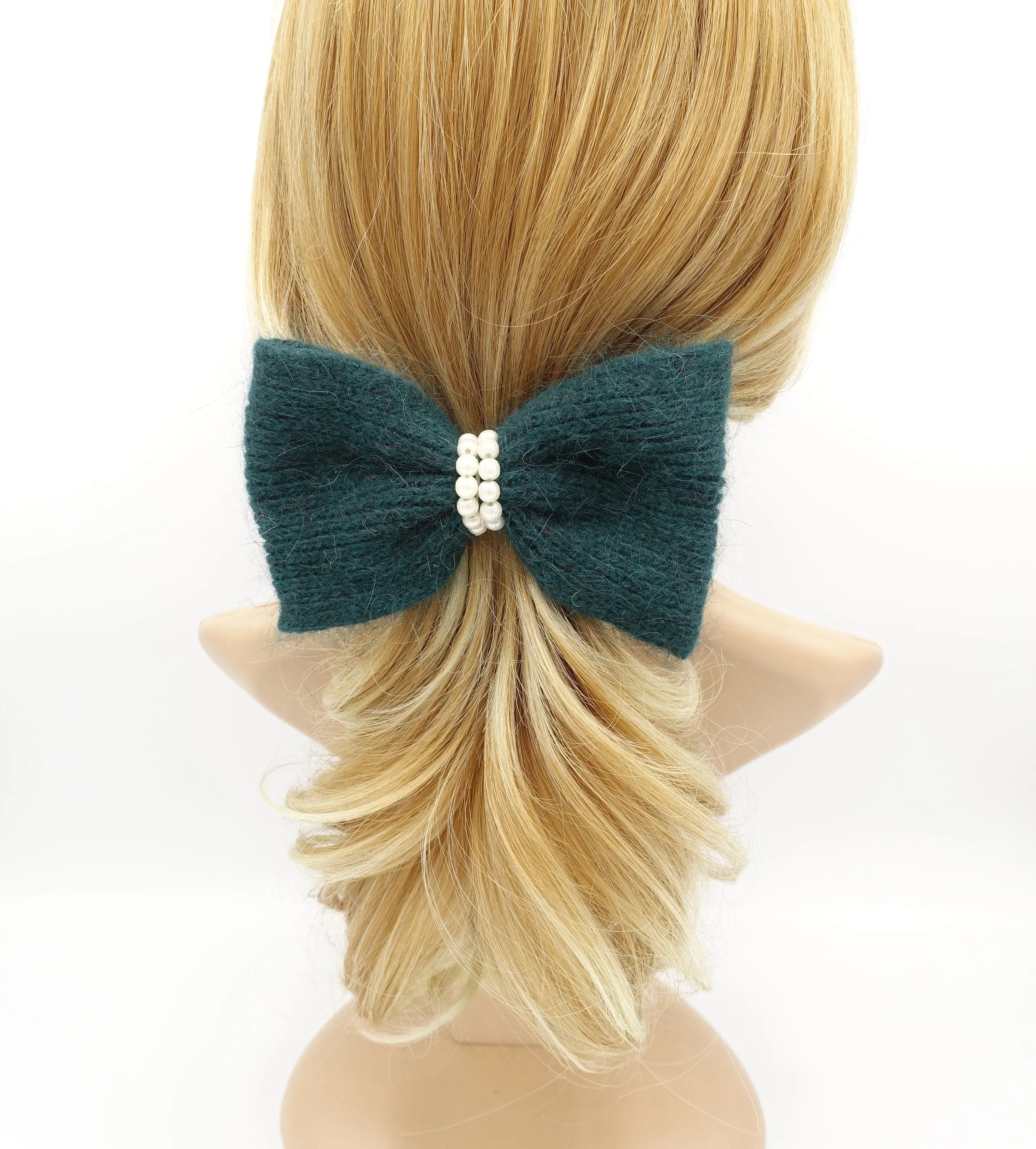 angora hair bow pearl embellished Fall Winter women hair barrette