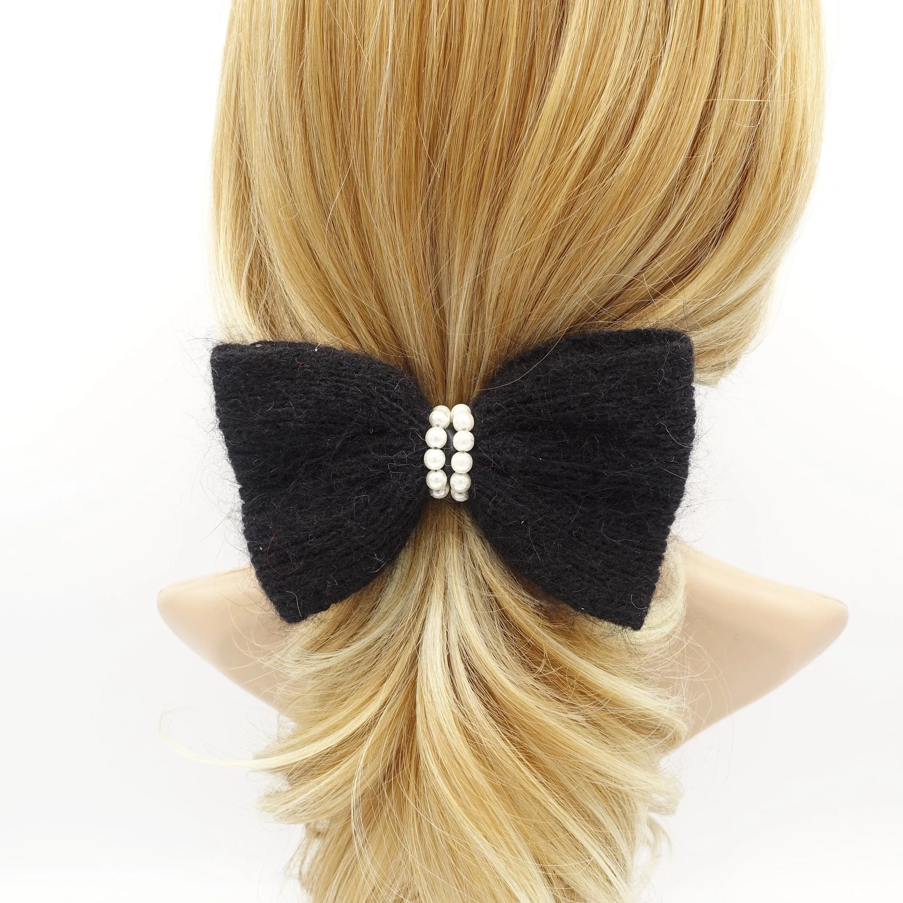 angora hair bow pearl embellished Fall Winter women hair barrette