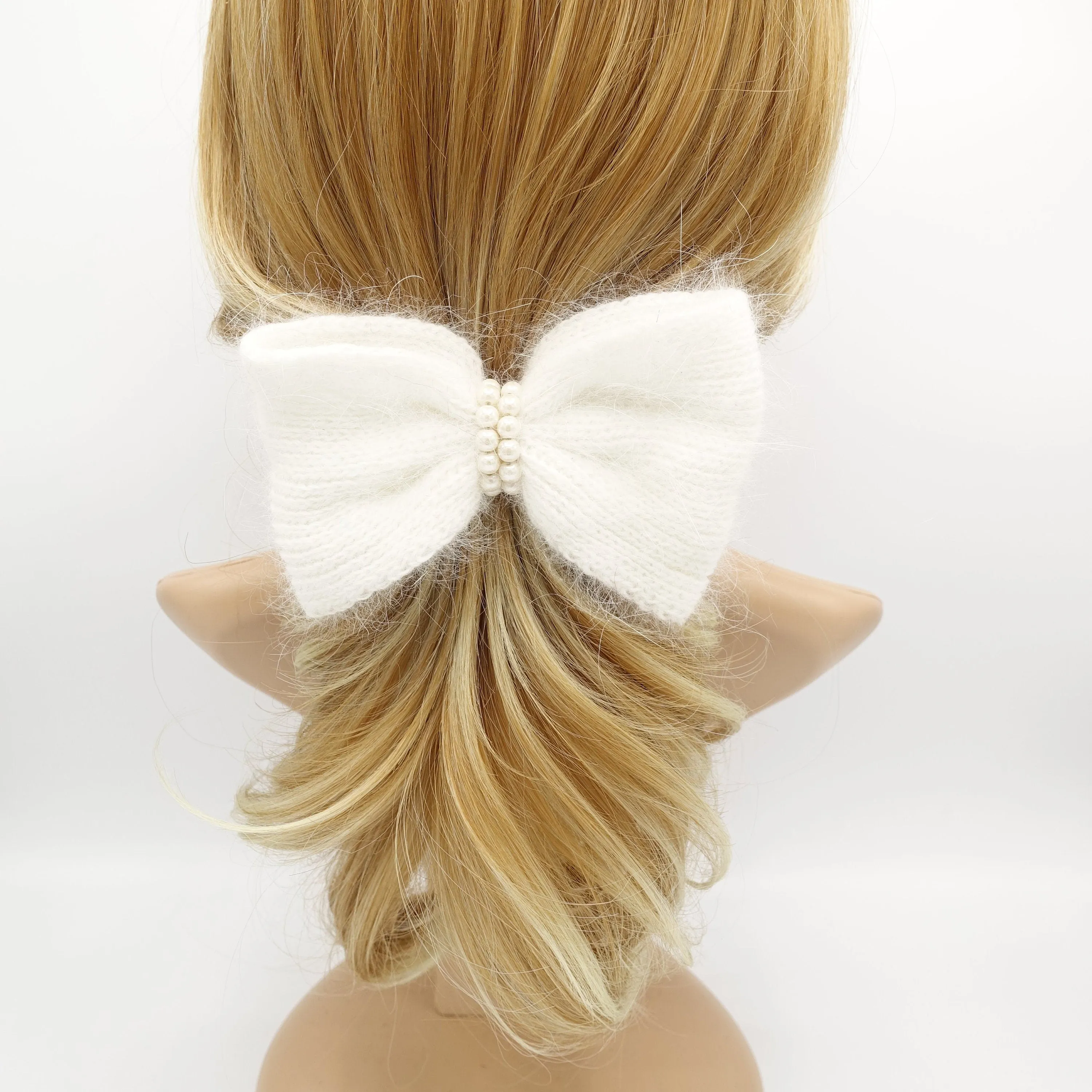 angora hair bow pearl embellished Fall Winter women hair barrette