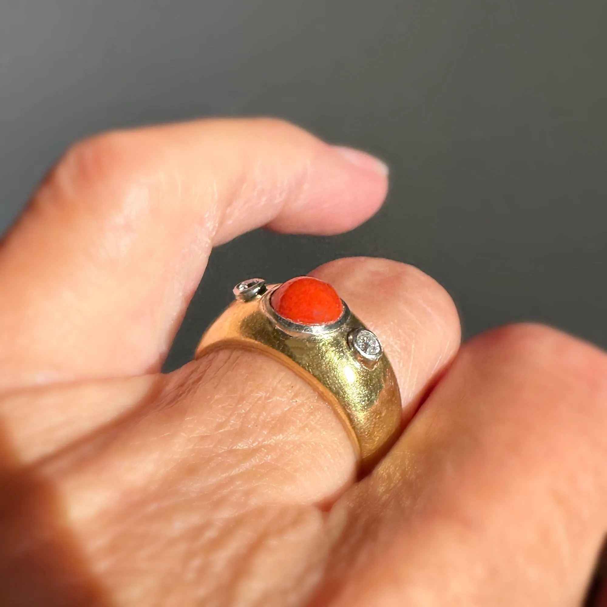 Antique 18K Gold Diamond Mediterranean Coral Ring Band