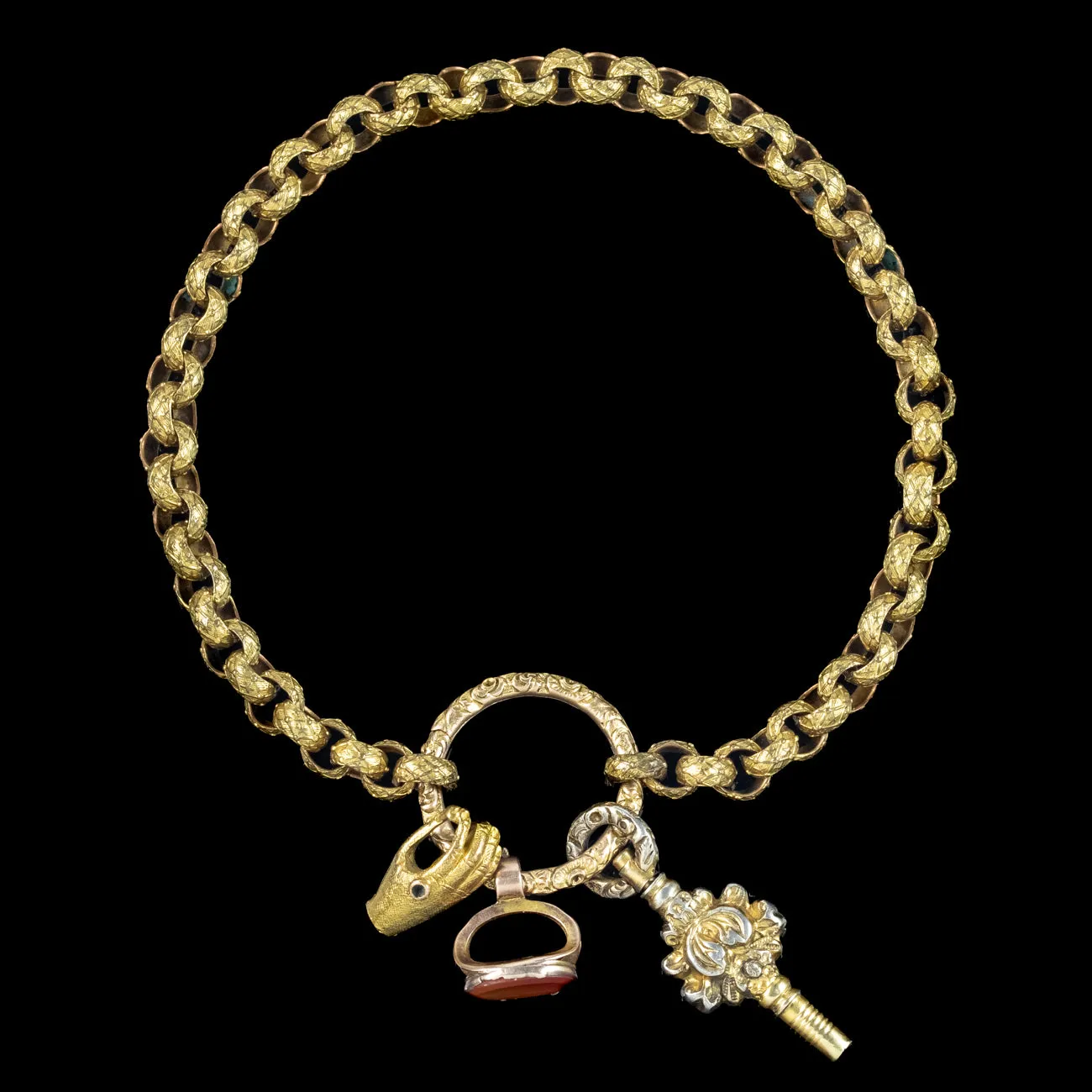 Antique Georgian Chain Bracelet With Watch Key Fob And Hand Charms