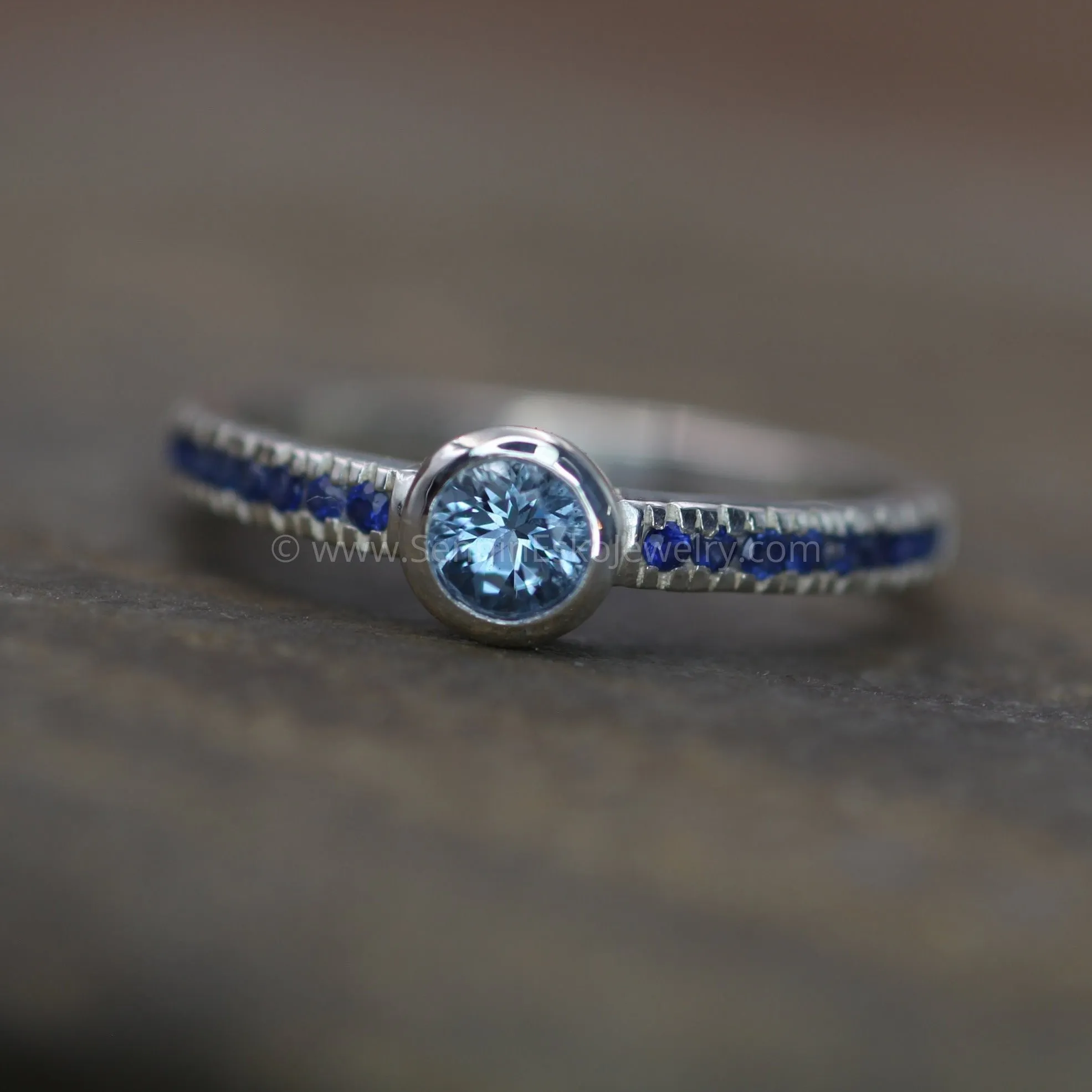 Aquamarine and Sapphire Engagement Ring - Alternative Engagement Ring - Bezel Ring - Conflict Free Engagement Ring - Recycled