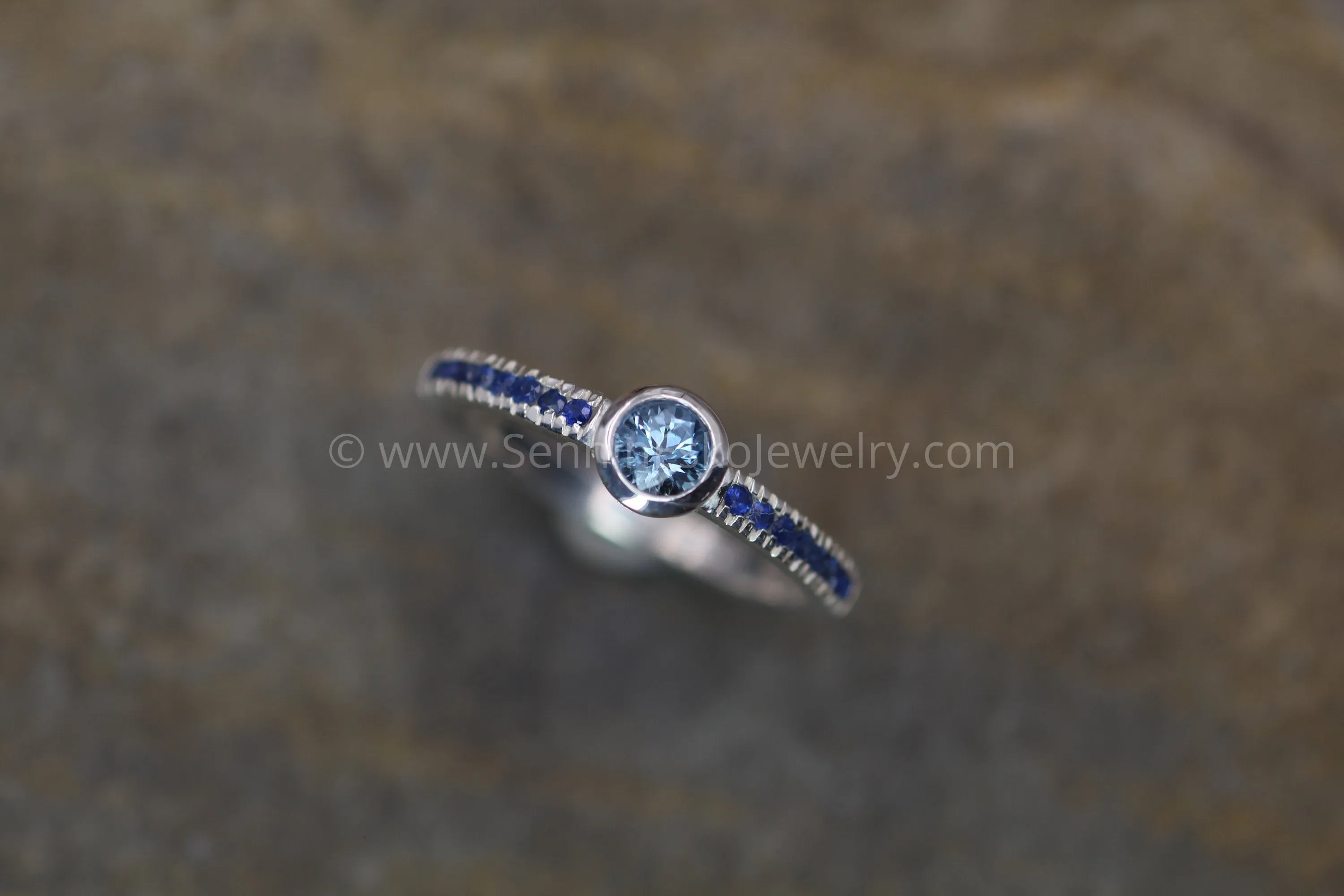 Aquamarine and Sapphire Engagement Ring - Alternative Engagement Ring - Bezel Ring - Conflict Free Engagement Ring - Recycled