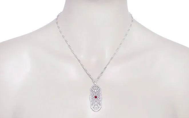 Art Deco Flowers Filigree Ruby Pendant Necklace in Sterling Silver