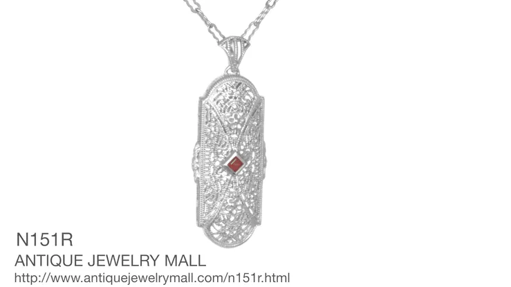 Art Deco Flowers Filigree Ruby Pendant Necklace in Sterling Silver