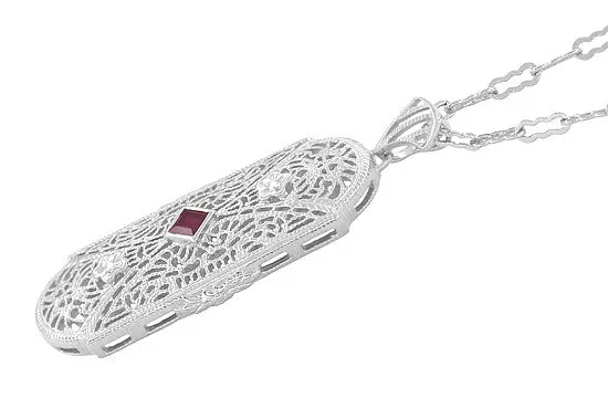 Art Deco Flowers Filigree Ruby Pendant Necklace in Sterling Silver