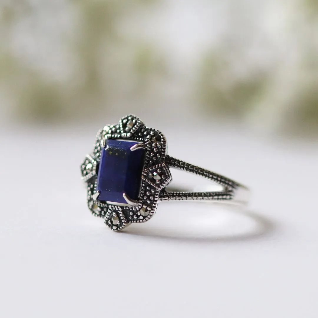 Art Deco Stil Lapislazuli & Markasit Ring in 925 Sterling Silber