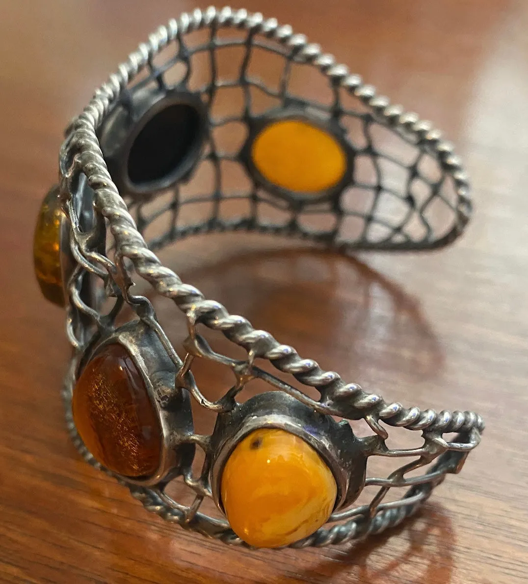 Artist Made Amber Cabochon Sterling Silver Wire Woven Cuff Bracelet