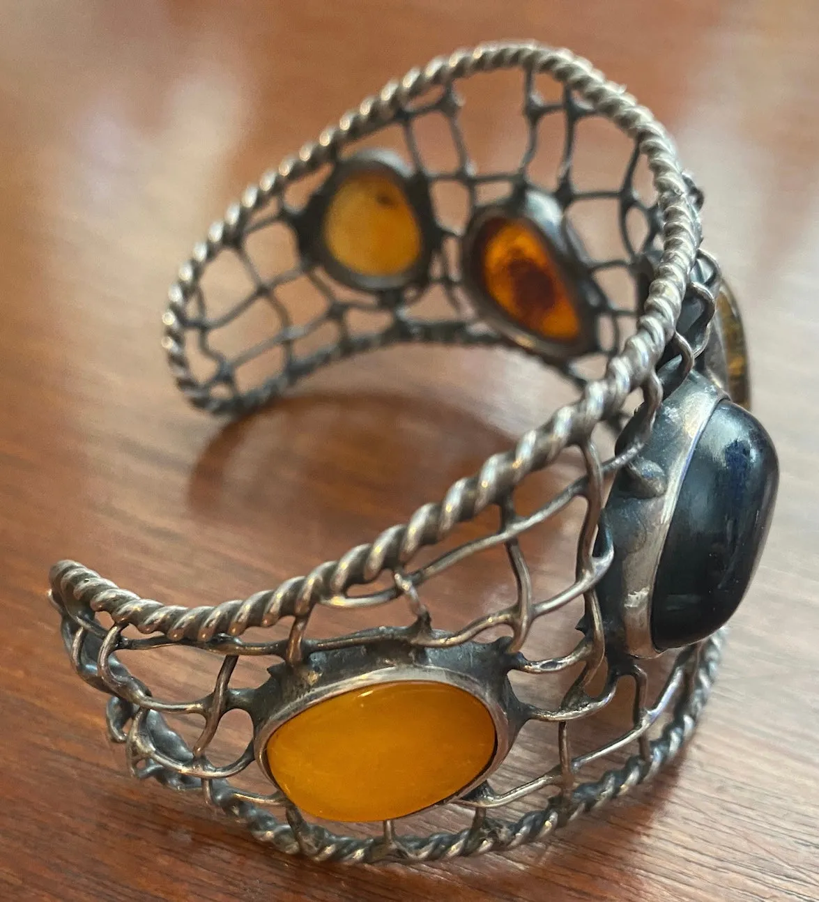 Artist Made Amber Cabochon Sterling Silver Wire Woven Cuff Bracelet