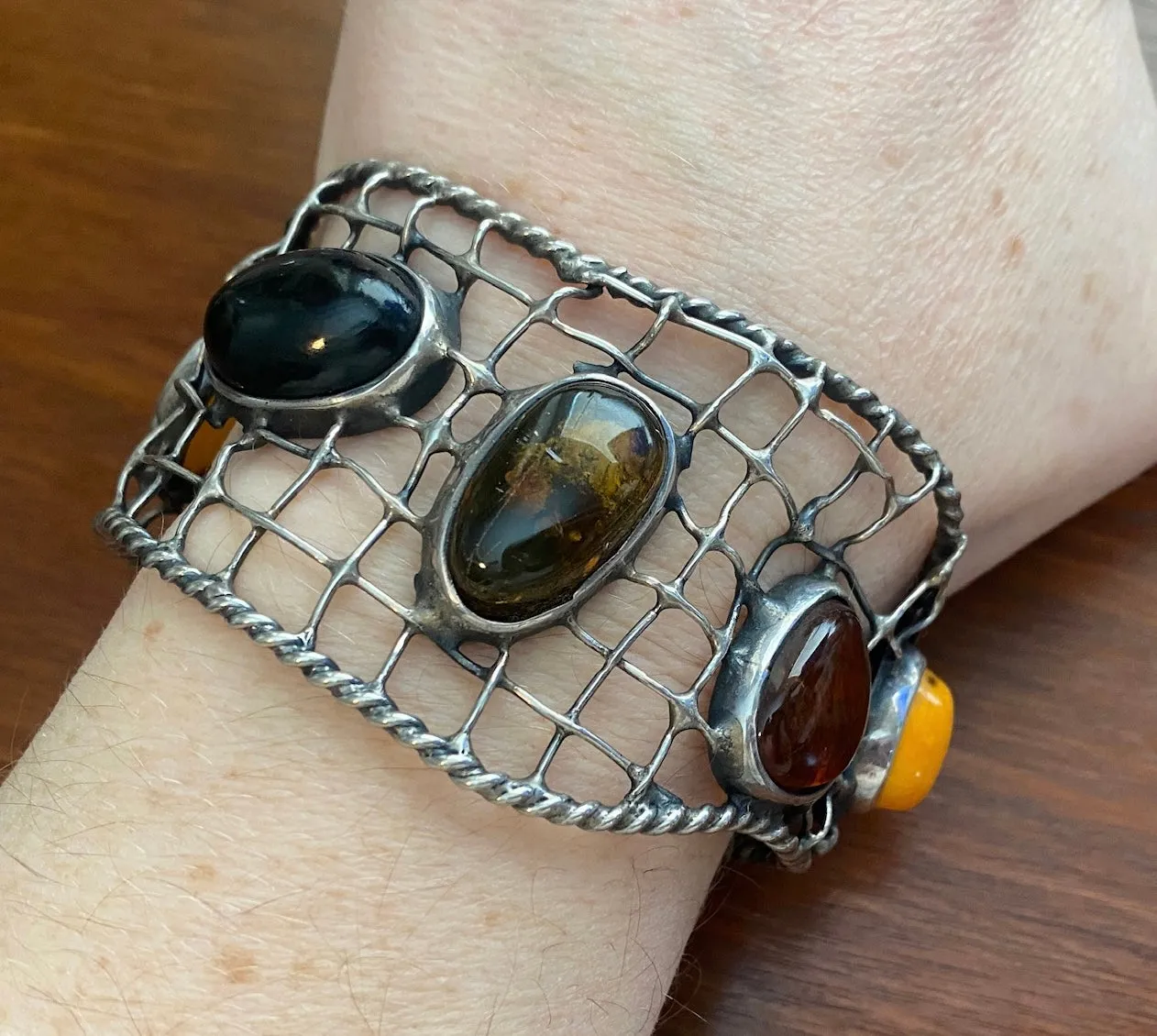 Artist Made Amber Cabochon Sterling Silver Wire Woven Cuff Bracelet