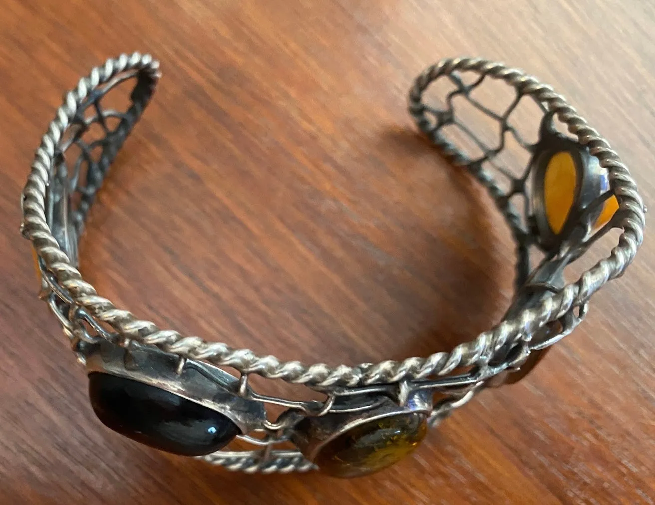 Artist Made Amber Cabochon Sterling Silver Wire Woven Cuff Bracelet