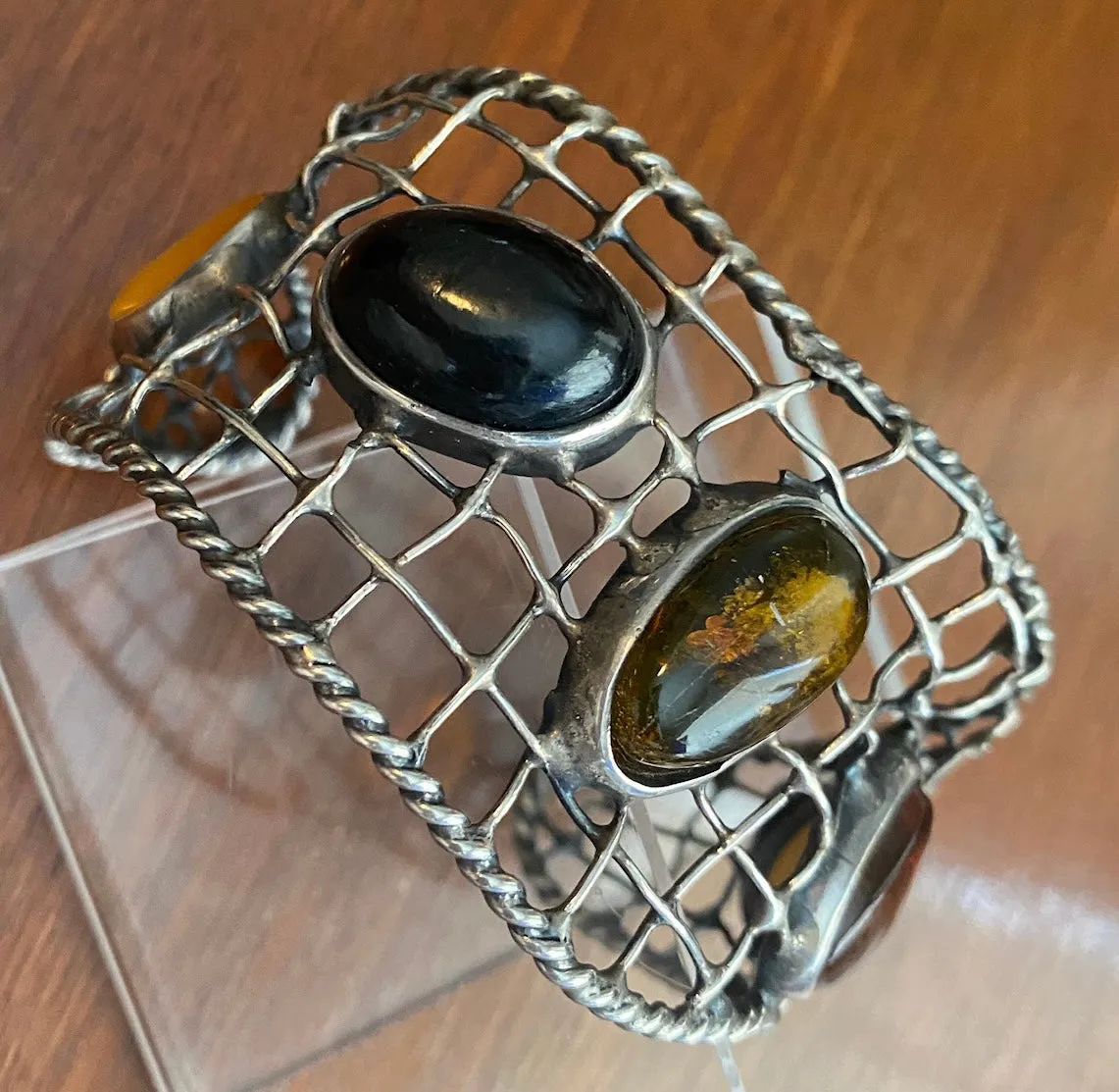 Artist Made Amber Cabochon Sterling Silver Wire Woven Cuff Bracelet