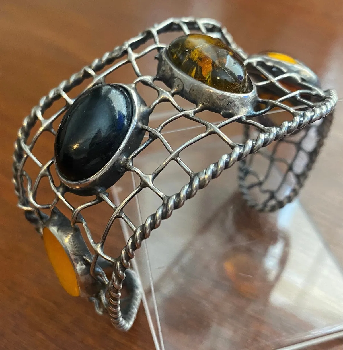 Artist Made Amber Cabochon Sterling Silver Wire Woven Cuff Bracelet