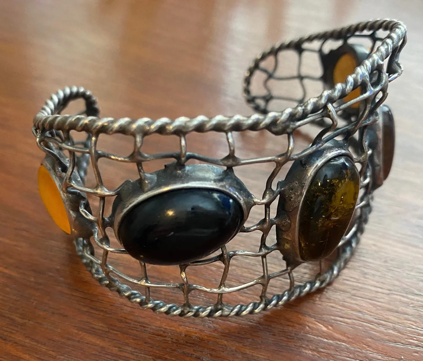 Artist Made Amber Cabochon Sterling Silver Wire Woven Cuff Bracelet