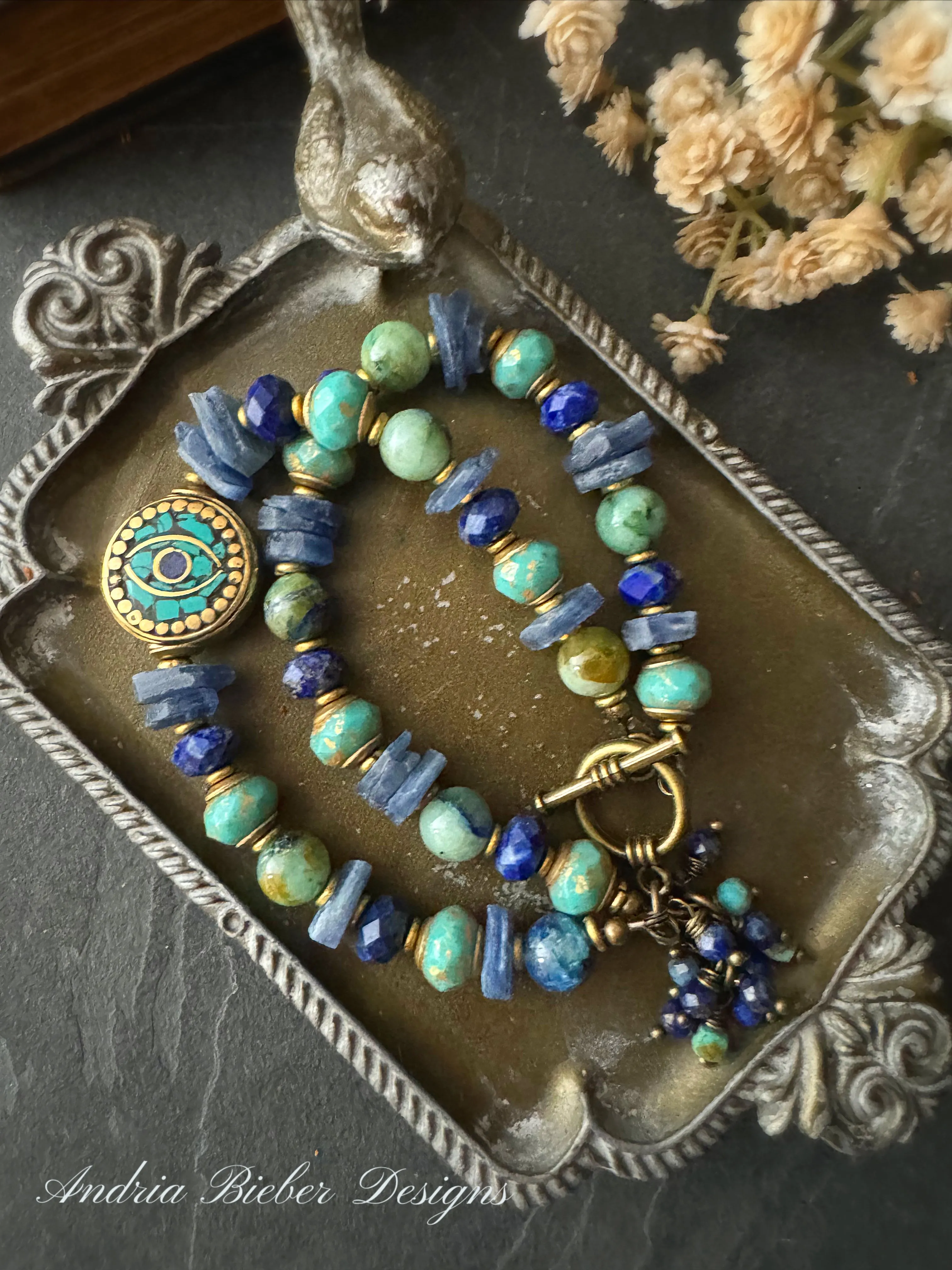 Azurite, kyanite, Turquoise stone, lapis lazuli stone, nepal beads, Czech glass, brass metal bracelet.