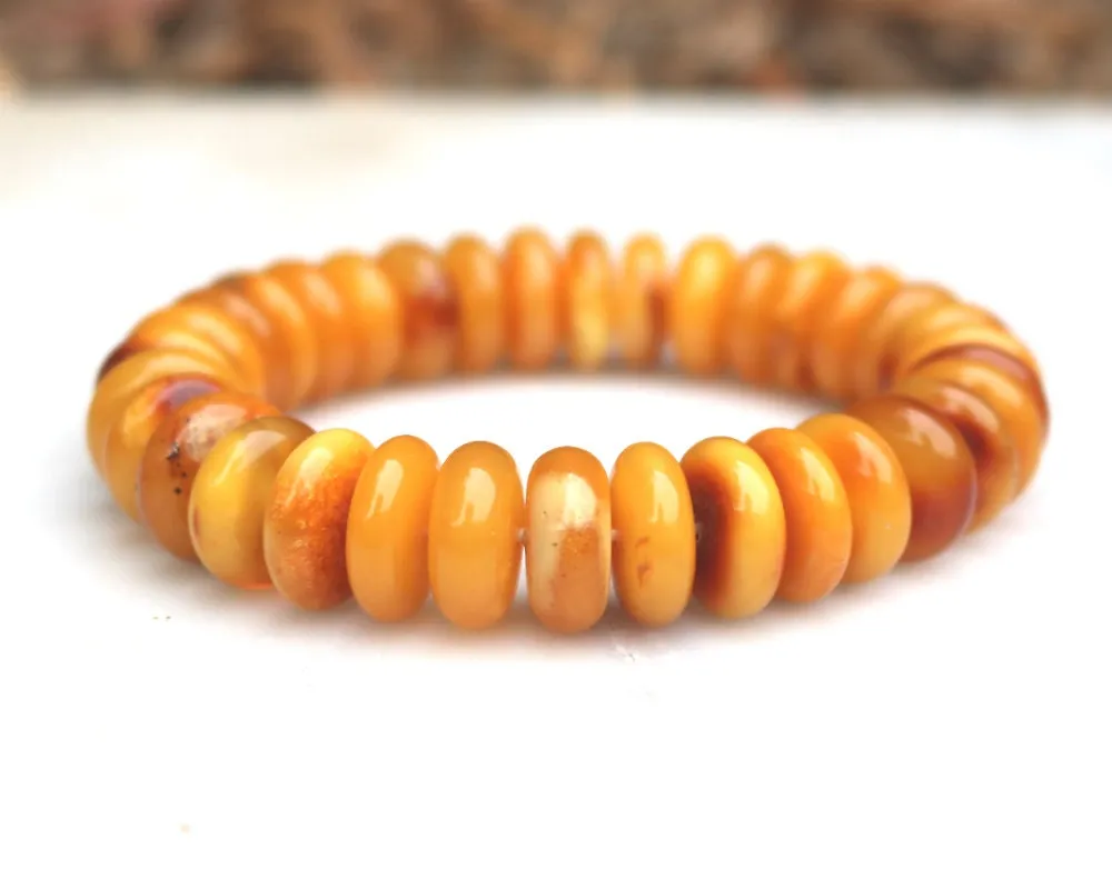 Baltic Amber Bracelet Antique Butterscotch Rondelle Beads Natural Yolk Unisex 31 gram