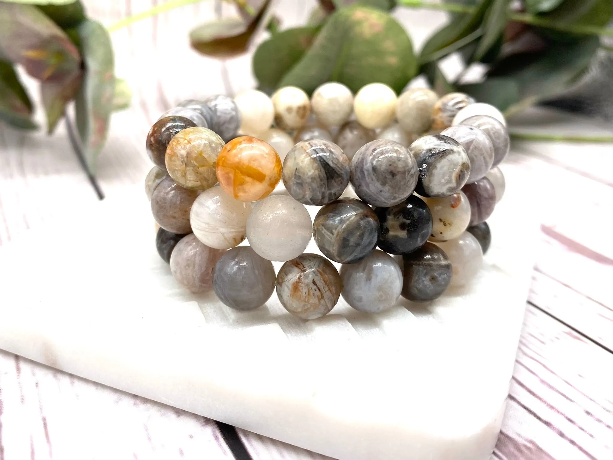 Bamboo Agate Crystal Chunky Beaded Bracelet - Lava Stone Bracelet