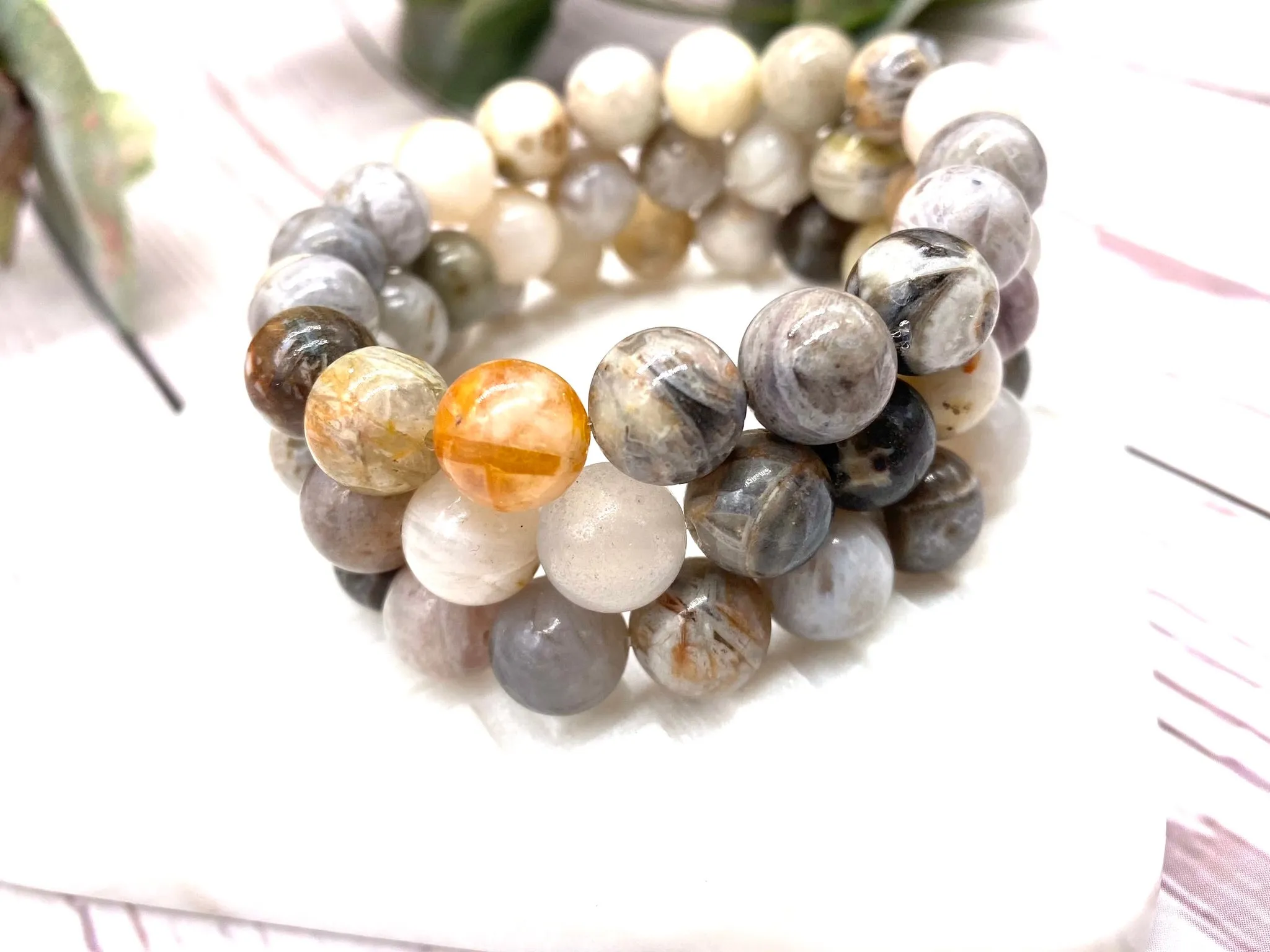 Bamboo Agate Crystal Chunky Beaded Bracelet - Lava Stone Bracelet