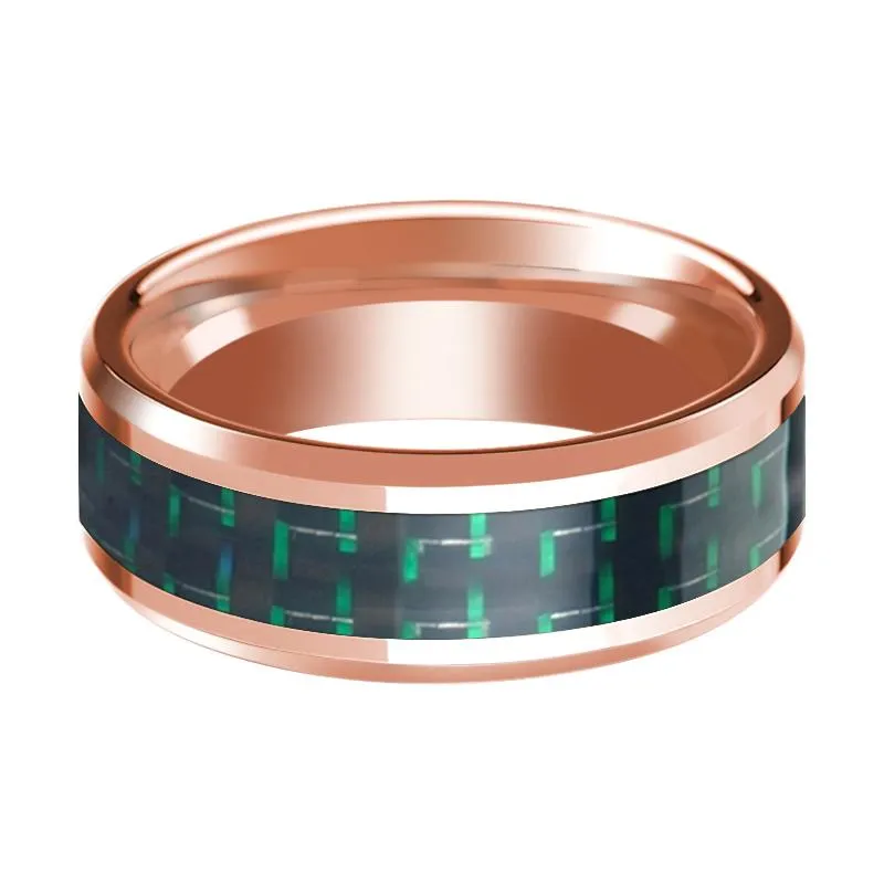 Black & Green Carbon Fiber Inlaid Men's 14k Rose Gold Polished Wedding Band with Beveled Edges - 8MM