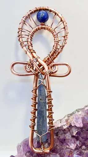 Blue Kyanite and Lapis Lazuli Copper POCKET Ankh