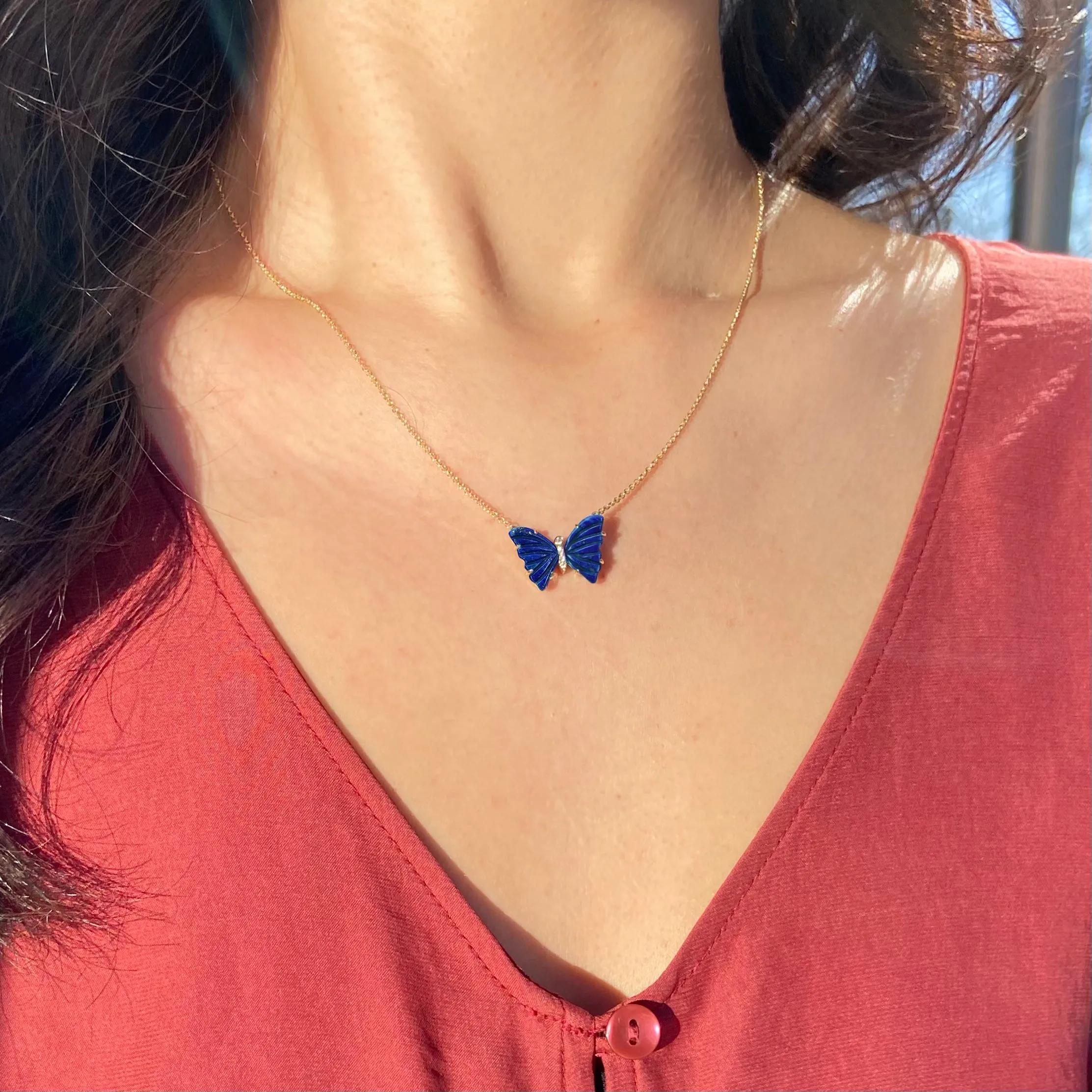 Blue Lapis Butterfly Necklace with Diamonds and Prongs