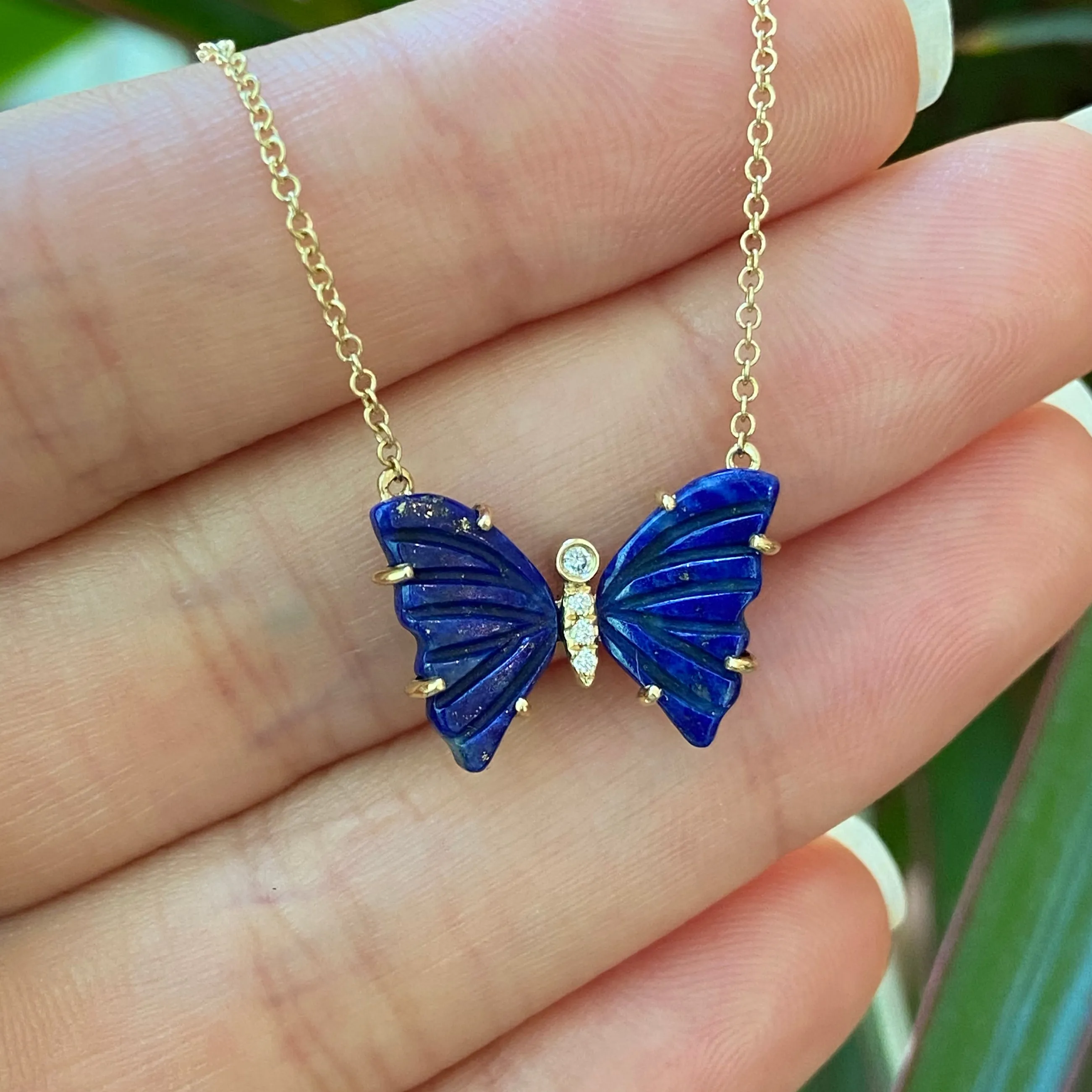 Blue Lapis Butterfly Necklace with Diamonds and Prongs