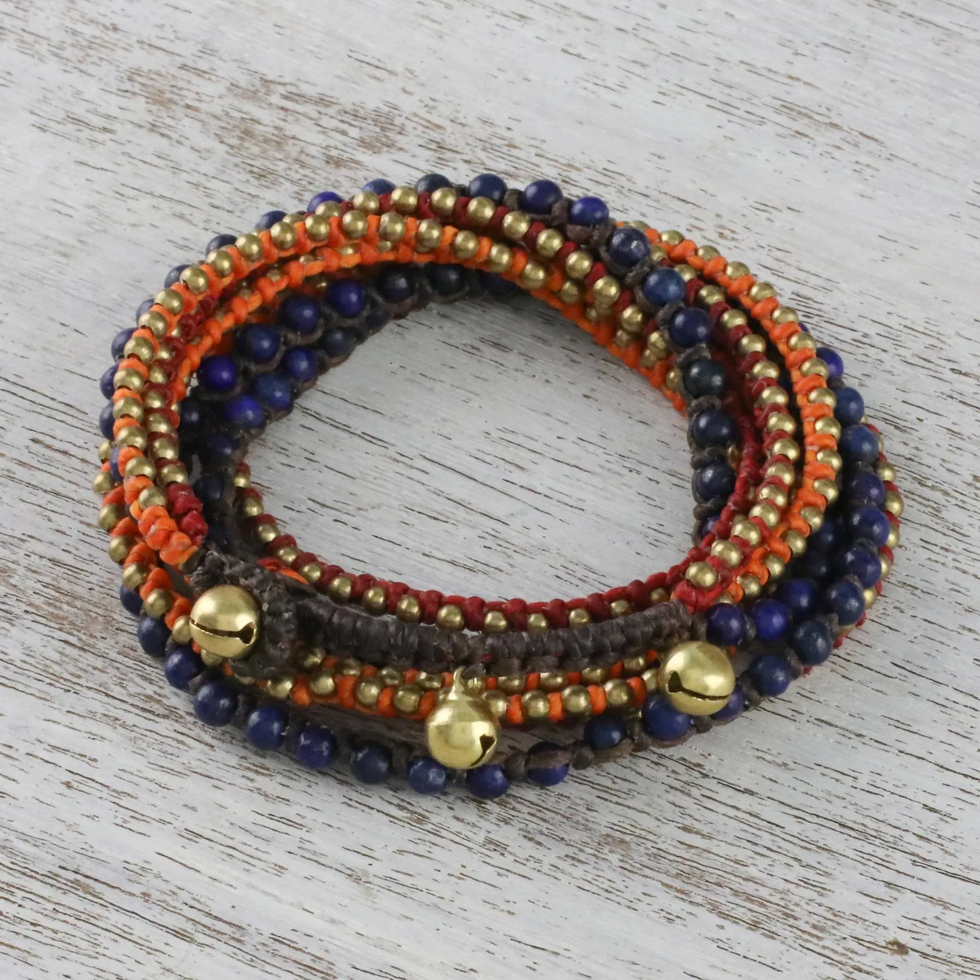 Bohemian Bells Boho Lapis Lazuli Beaded Wrap Bracelet from Thailand