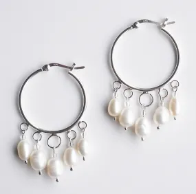 Boho Freshwater Peal Hoop .925 Sterling Silver Earrings