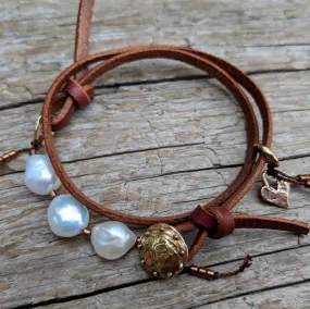 Boho Natural Baroque Pearl Leather Wrap Bracelet