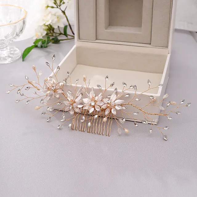 Bridal Hair Comb Gold Flower Crystal Wedding Hair Jewelry