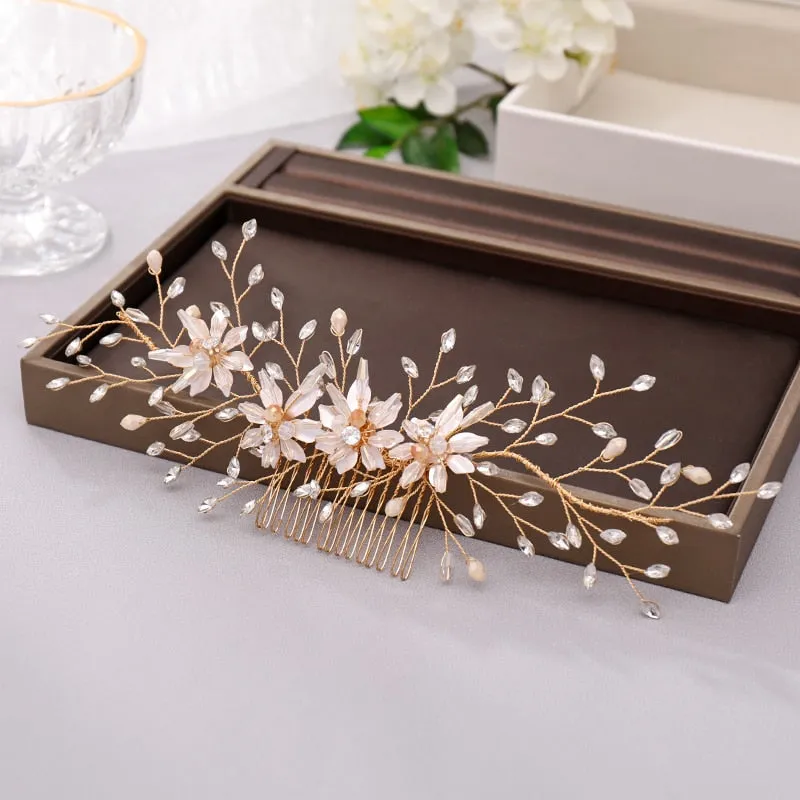 Bridal Hair Comb Gold Flower Crystal Wedding Hair Jewelry