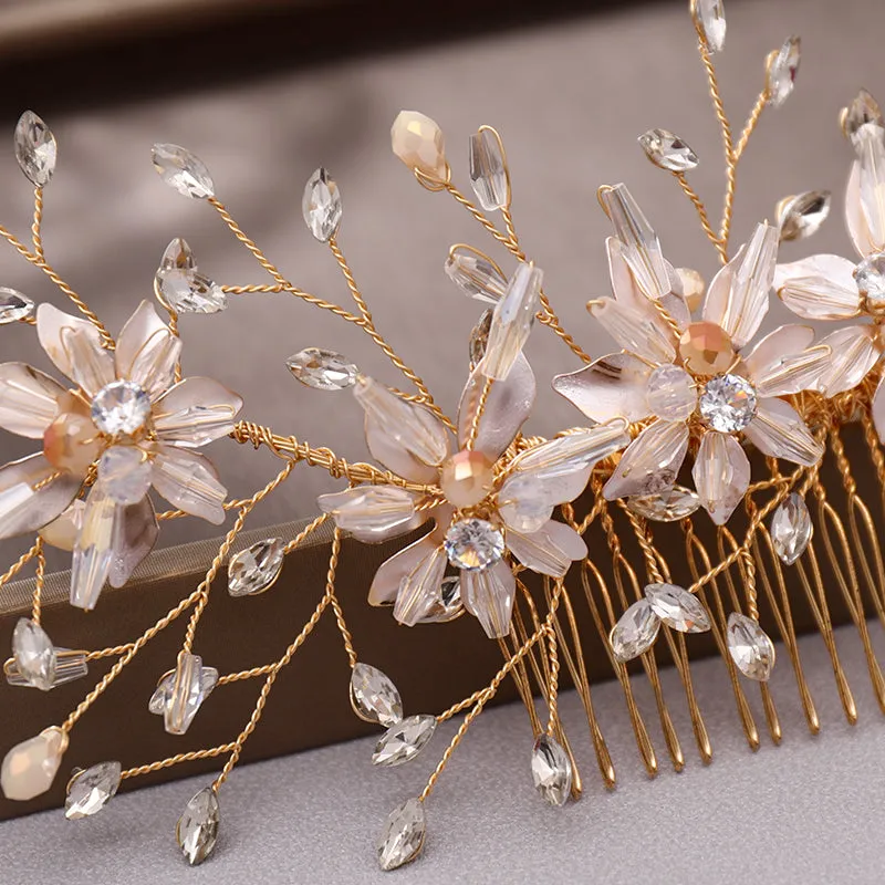 Bridal Hair Comb Gold Flower Crystal Wedding Hair Jewelry