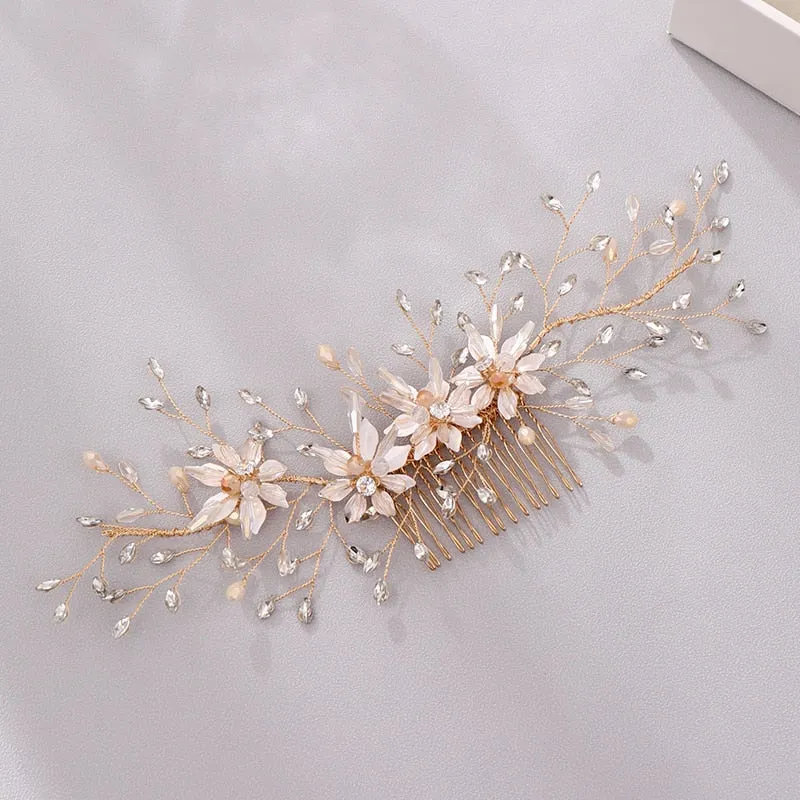 Bridal Hair Comb Gold Flower Crystal Wedding Hair Jewelry