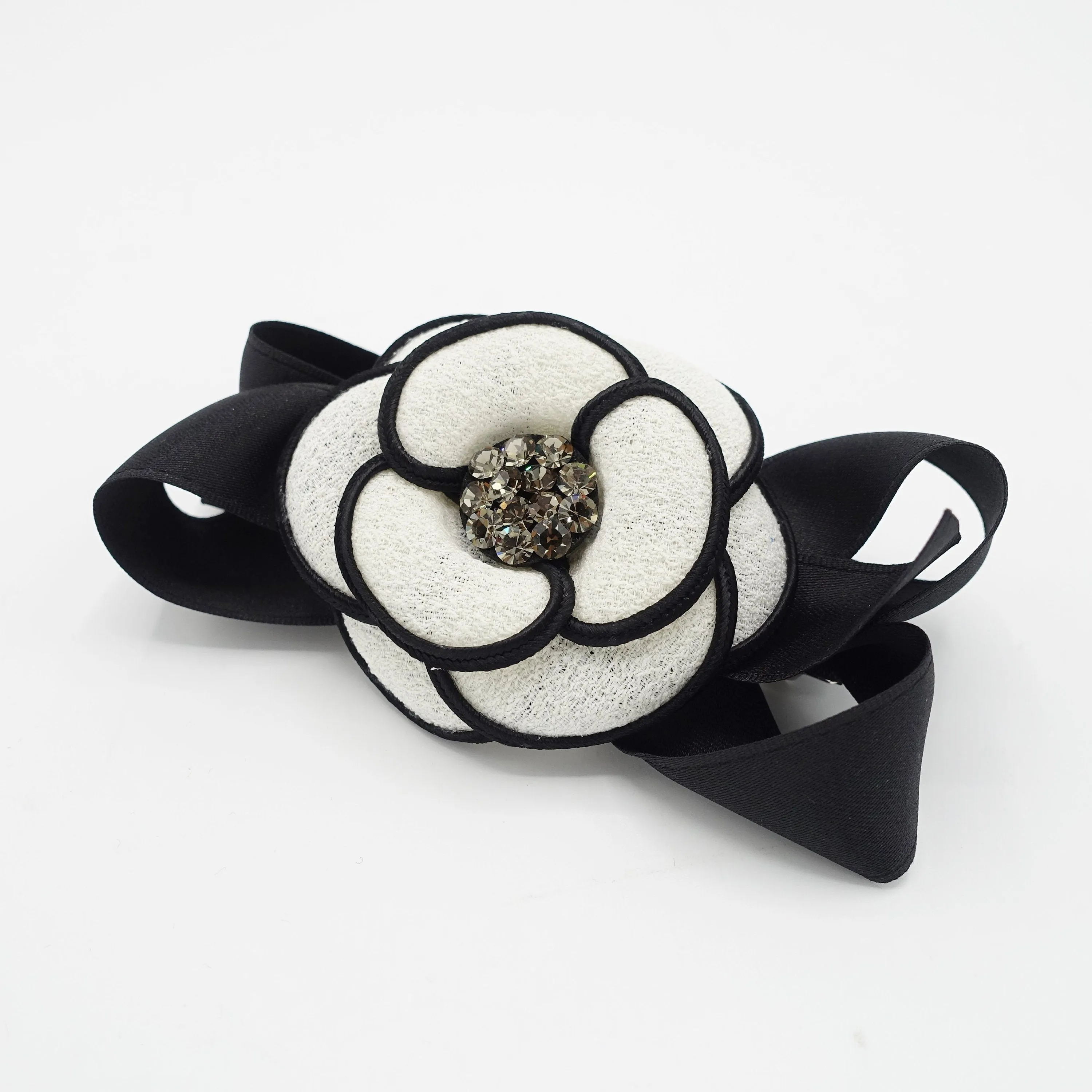 camellia  hair bow rhinestone embellished flower french barrette