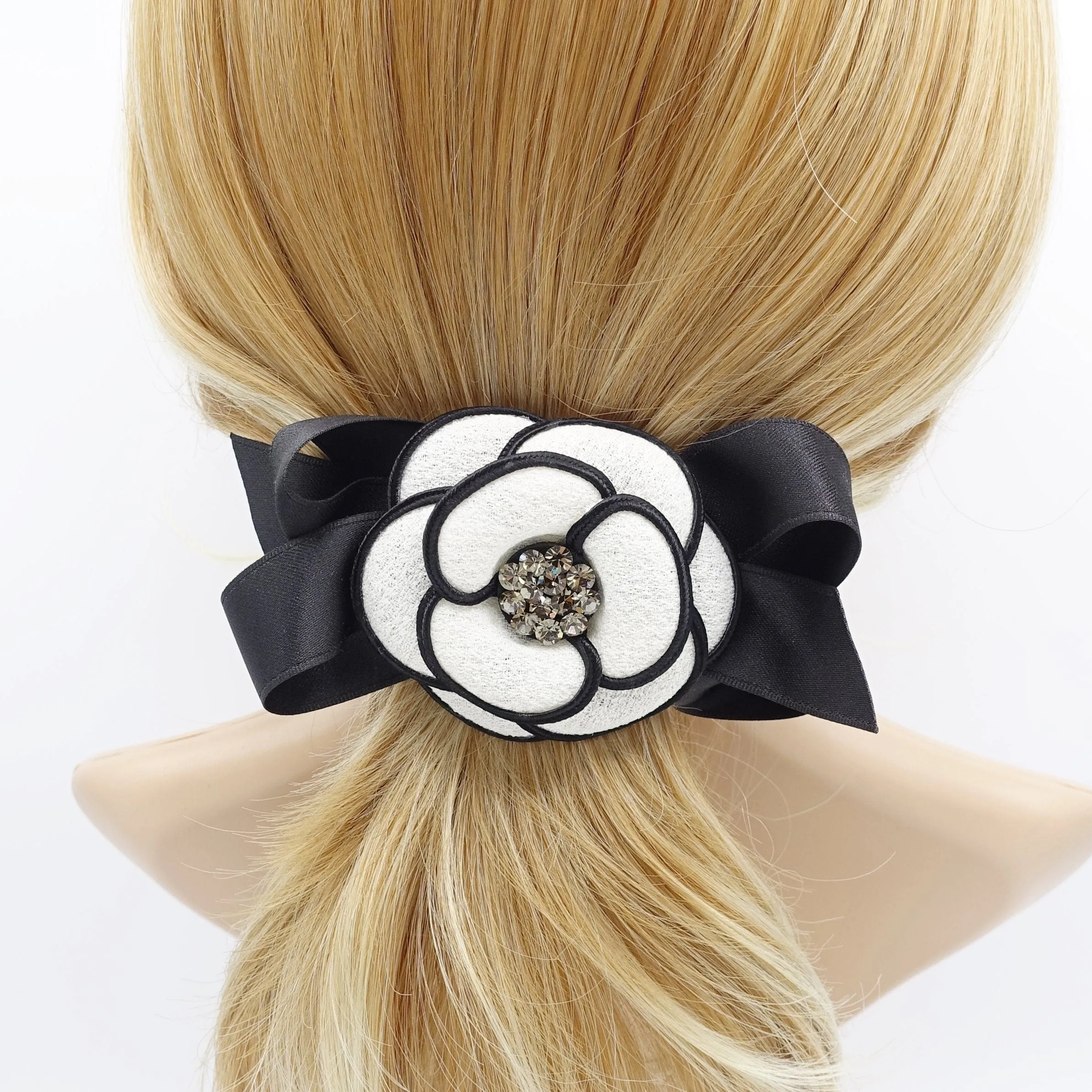 camellia  hair bow rhinestone embellished flower french barrette