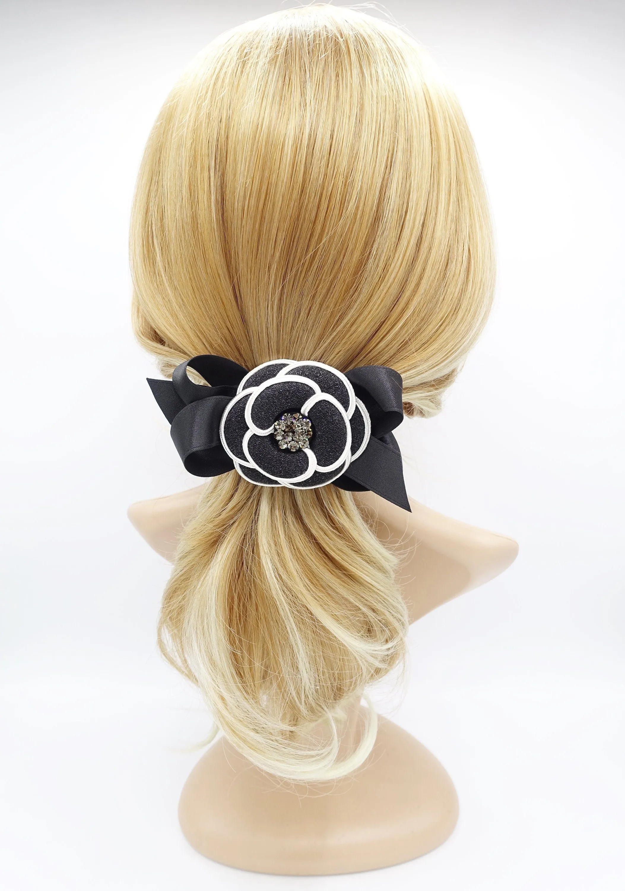 camellia  hair bow rhinestone embellished flower french barrette