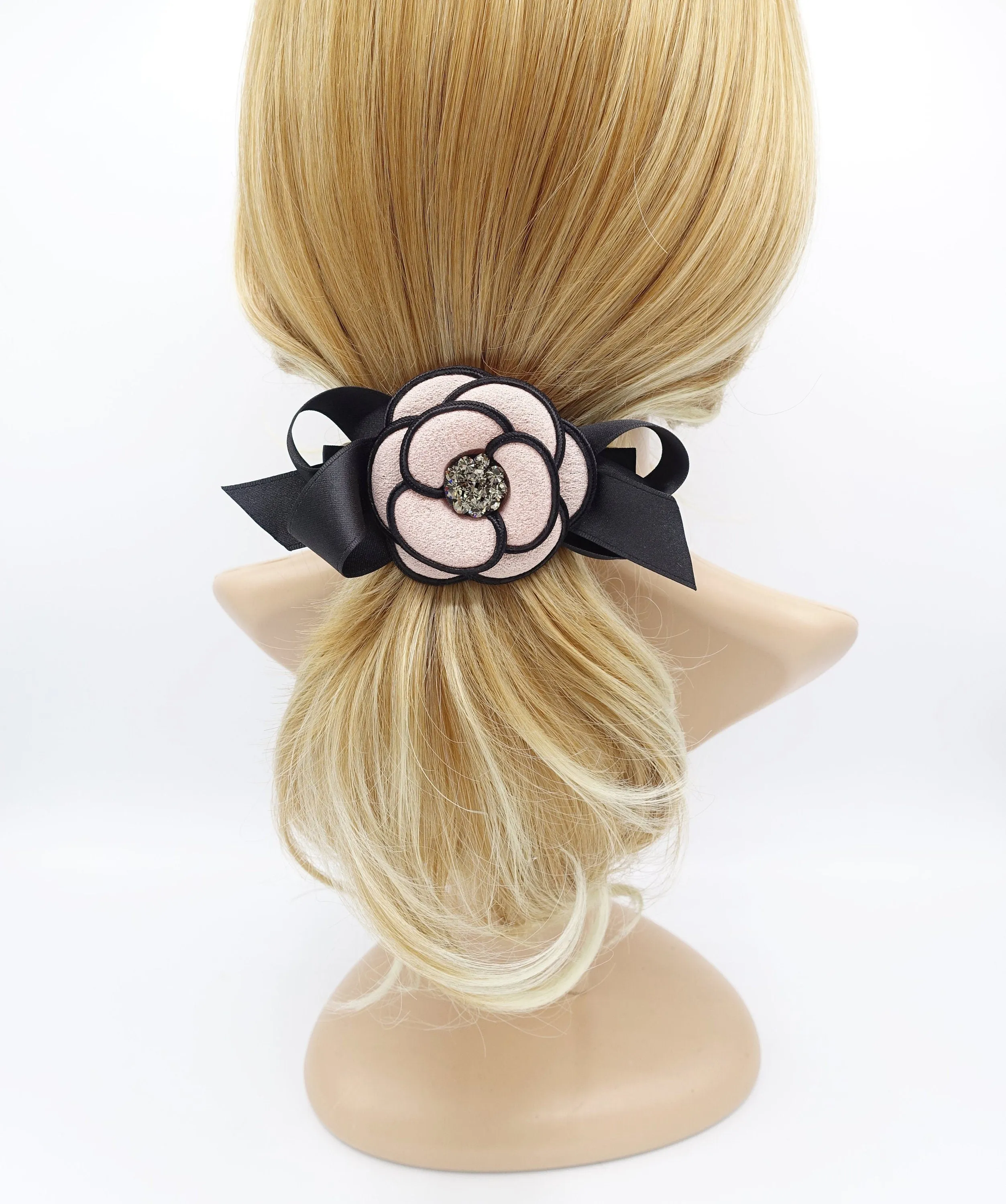 camellia  hair bow rhinestone embellished flower french barrette