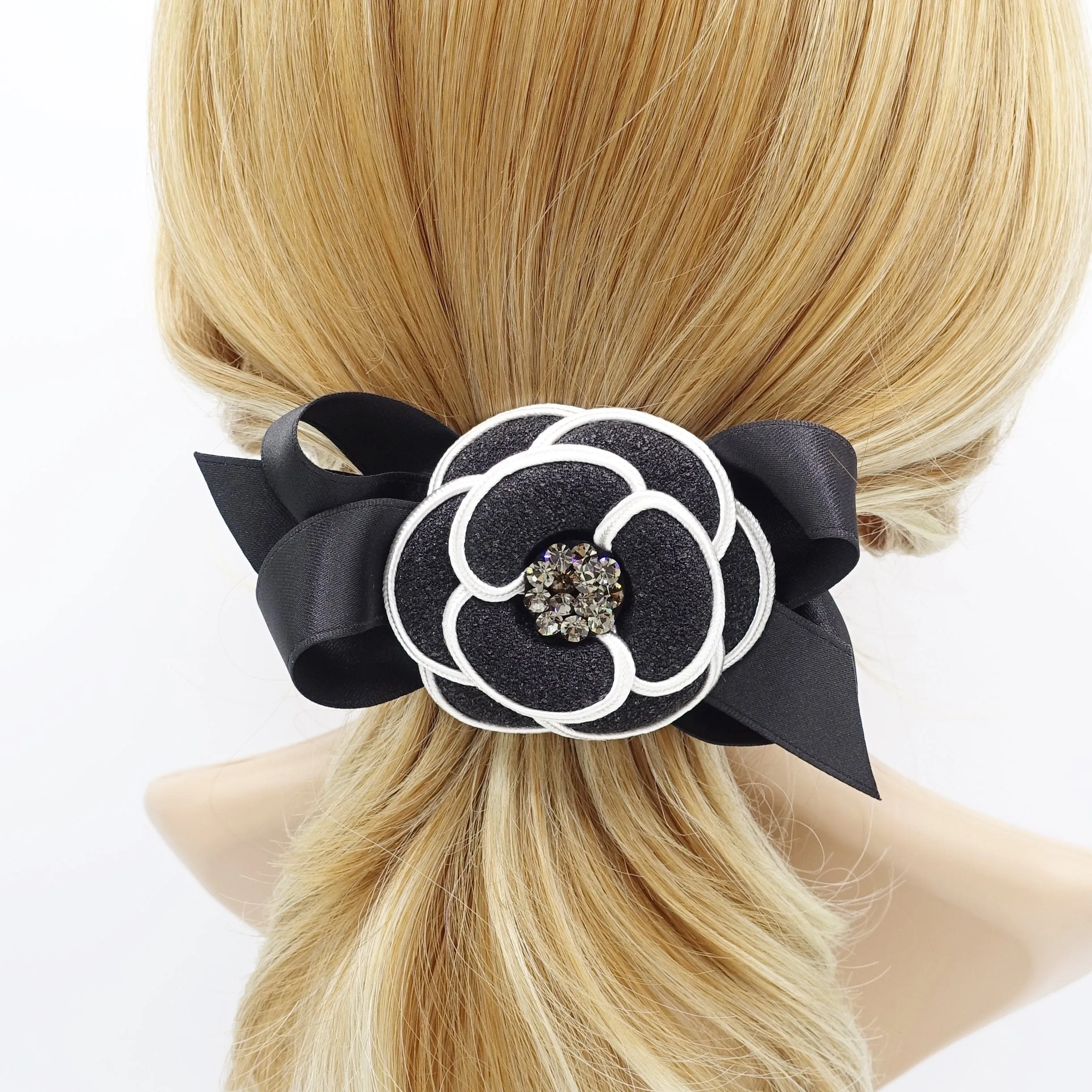 camellia  hair bow rhinestone embellished flower french barrette