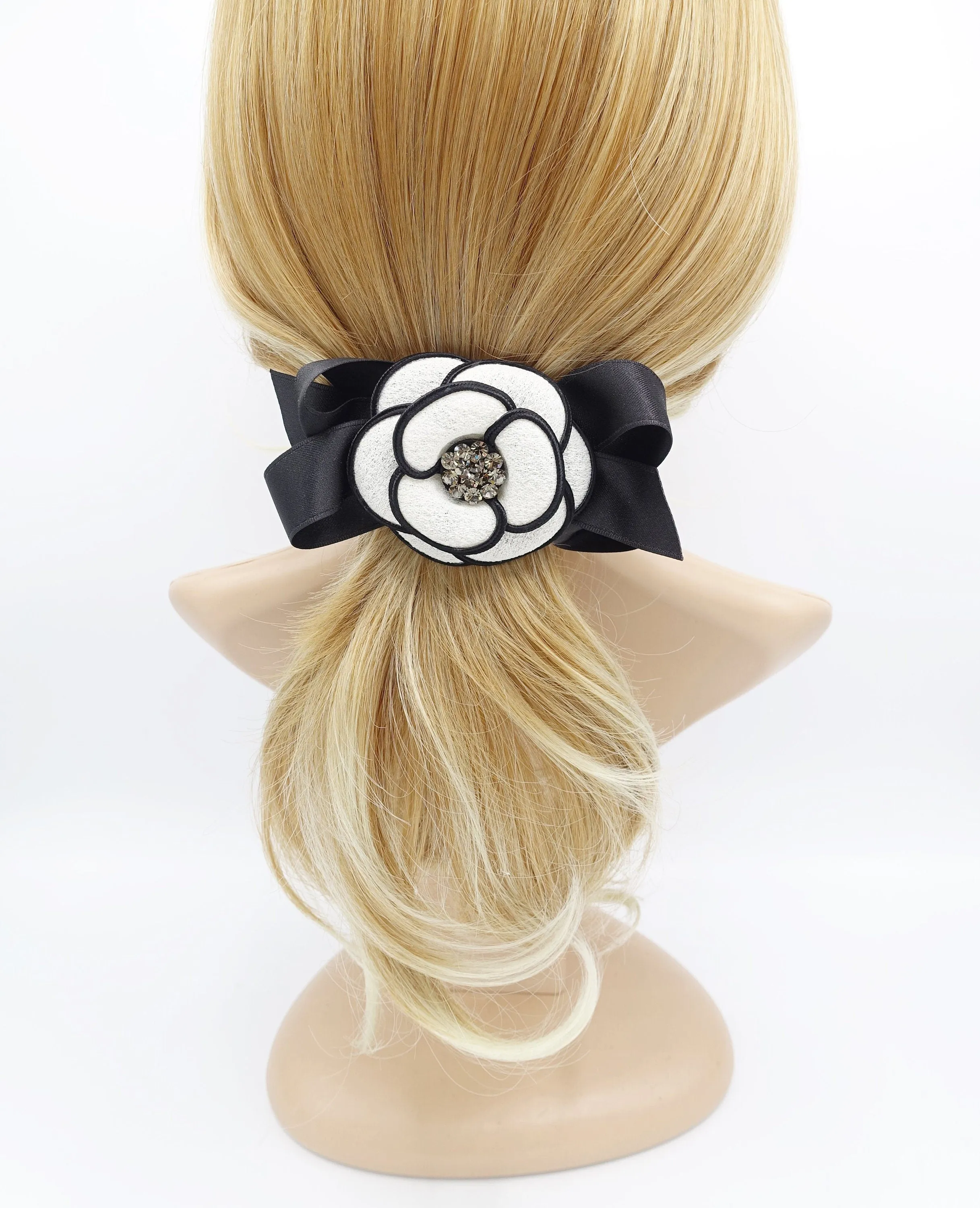 camellia  hair bow rhinestone embellished flower french barrette