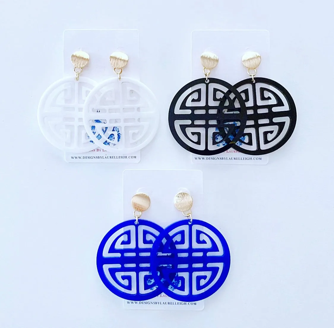 Chinoiserie Longevity Symbol Earrings - White/Black/Royal